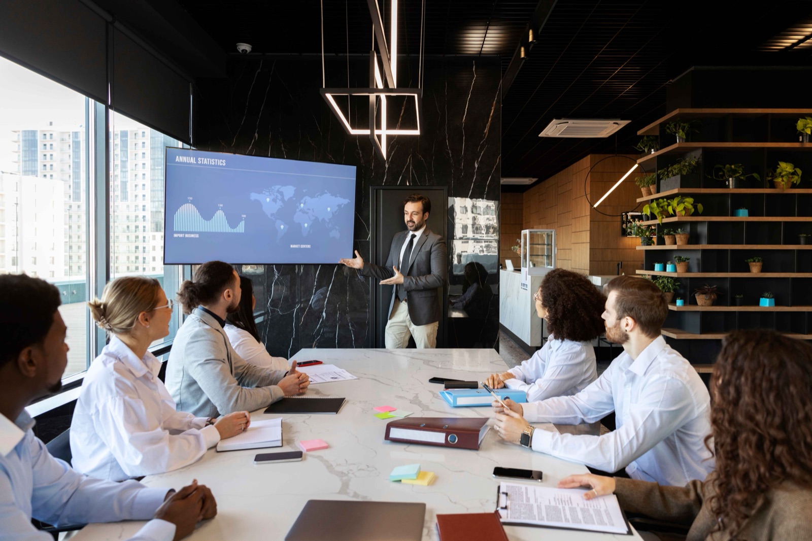 A team meeting in a bright, modern conference room